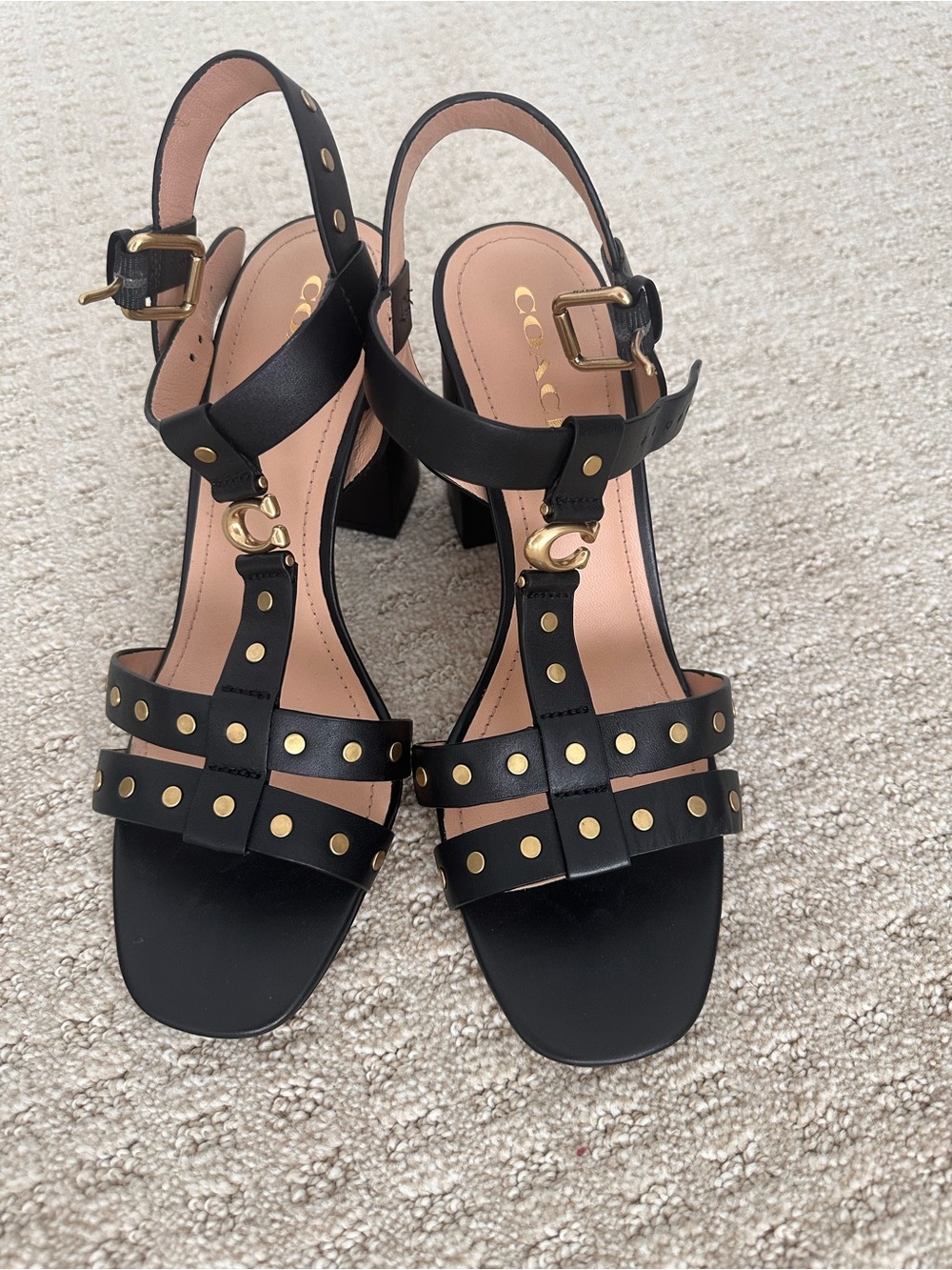 Coach Margaret Black Studded Leather Block Heel Sandals 10B